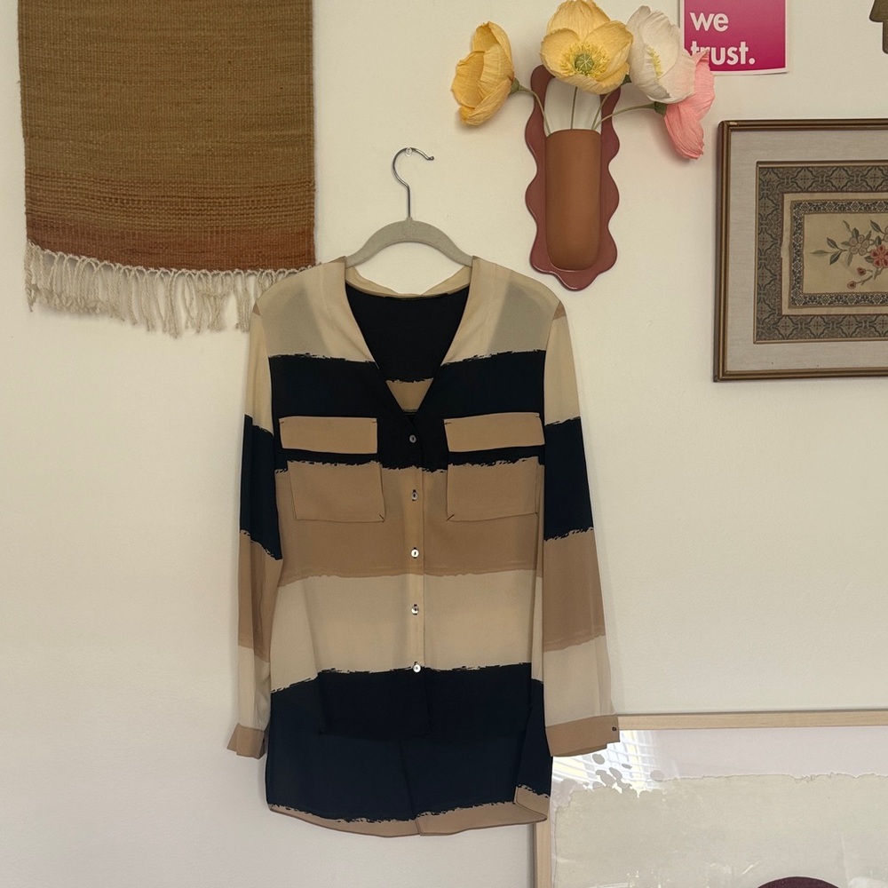 Zara Basic Navy Top with Beige Trim